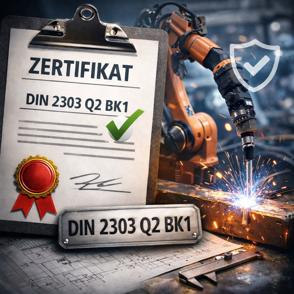 Schweißroboter in industrieller Fertigung neben Zertifikat DIN 2303 Q2 BK1 als Symbol für geprüfte Qualität